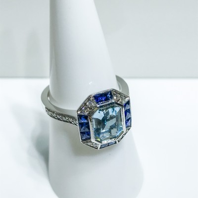 18ct White Gold Art Deco Aquamarine, Sapphire And Diamond Ring